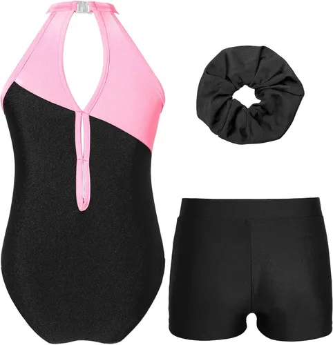 Vista 2 de Kids Girls Ballet Dance Outfits Shiny Sleeveless Gymnastic Leotard with Athletic Shorts Hair Band Tracksuit