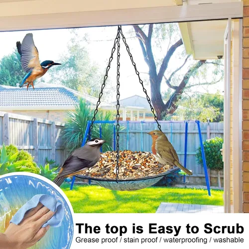 Vista 8 de Baño colgante para pájaros, de cristal al aire libre, comedero para pájaros con patrón de textura azul-naranja para decoración de jardín y patio
