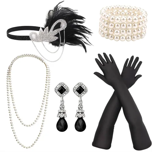 Vista 20 de DRESHOW Juego de accesorios del Gran Gatsby de los años 20 para mujer, accesorios de disfraz de flapper, diadema de plumas, juego de accesorios de 1