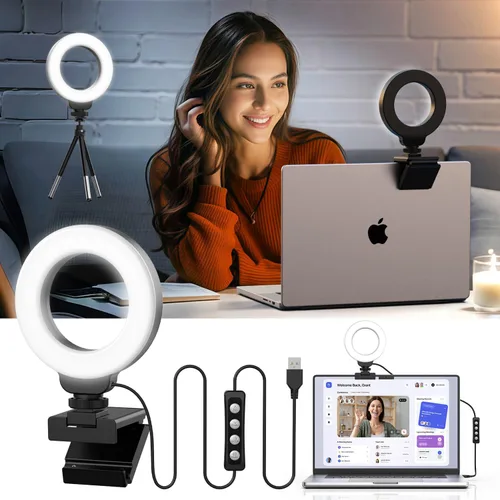 Vista 7 de Anillo de luz para computadora portátil/computadora, llamada de zoom, iluminación de videoconferencia pequeña de 4 pulgadas con soporte