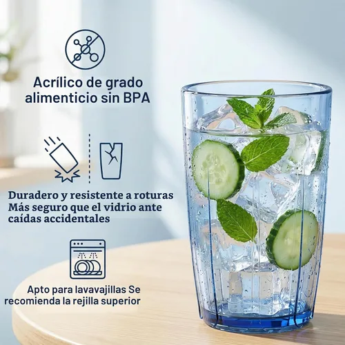 Vista 3 de ZEAYEA Juego de 6 vasos acrílicos para beber, vasos de agua irrompibles de 14 onzas, vasos de plástico reutilizables, vaso apilable para jugo