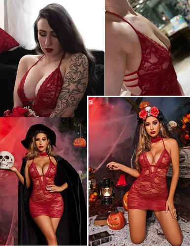Vista 4 de Avidlove - Lencería para mujer - Camisónvestido de encaje babydoll con cuello halter estilo Teddy