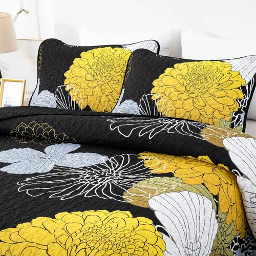 Vista 5 de Juego de colcha de 3 piezas con patrón floral amarillo, tamaño Queen, colcha negra ligera con 2 fundas de almohada para todas las estaciones, juego
