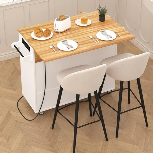 Vista 6 de Isla de cocina sobre ruedas, carrito de isla de cocina rodante con encimera de hojas caídas, carrito de islas modernas con tomas de corriente
