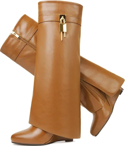 Vista 15 de Botas plegables puntiagudas con tacón de cuña para mujer, botas hasta la rodilla con diseño de candado y cremallera lateral Beige