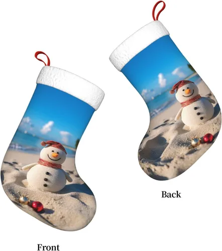Vista 5 de Muñeco de nieve de arena en la playa, medias de Navidad de felpa personalizadas, decoraciones de medias colgantes de Navidad para vacaciones, fiesta