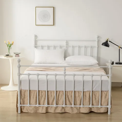 Vista 5 de Falda de cama tamaño Full con volantes y esquinas divididas, falda de cama boho acolchada caída de 14 pulgadas con plataforma, camello claro - 14