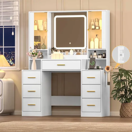 Vista 33 de Escritorio de maquillaje con espejo y luces, tocador negro de 43 pulgadas con parte superior de cristal, almacenamiento de joyas, 3 cajones