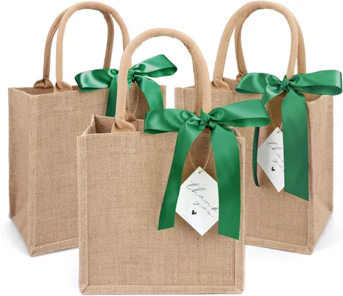 Vista 17 de Paquete de 6 bolsas de arpillera con asas reutilizables, mini bolsas de regalo de yute con cintas de seda azules, forro impermeable para bodas