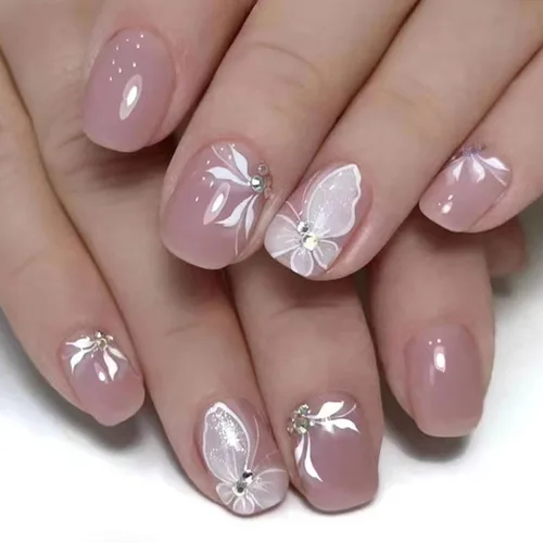 Vista 50 de Uñas postizas a presión con punta francesa, uñas postizas cuadradas cortas con diseños de cuentas de flores 3D, uñas blancas a presión, uñas Blanco