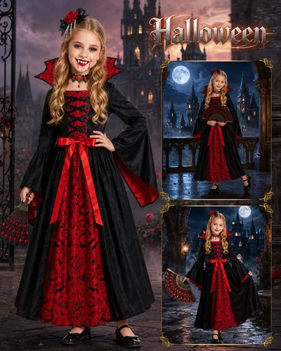 Vista 7 de Disfraz de vampiro para niñas de 4 a 12 años, conjunto de vestido gótico