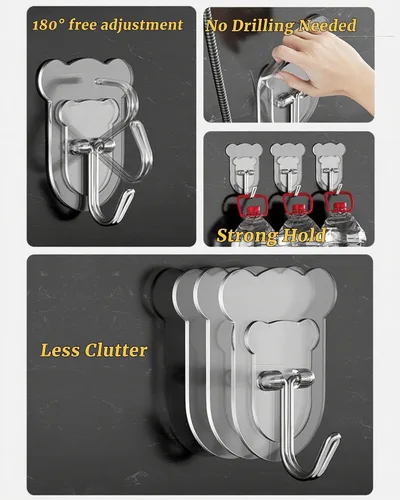 Vista 4 de 10 ganchos adhesivos resistentes de 10 libras máximo, ganchos de pared transparentes e impermeables para baño, ducha, cocina, oficina, sin daños