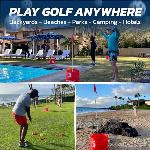 Vista 5 de bucketgolf Juego original de viaje de 3 agujeros con palos, juego de golf #1 para patio trasero y adultos y niños de todas las edades. Playa