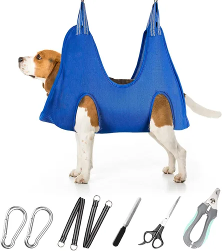 Vista 25 de Hamaca de aseo para mascotas para perros y gatos pequeños – Eslinga para recortar uñas con cortaúñas, lima de uñas y tijeras – Arnés de aseo