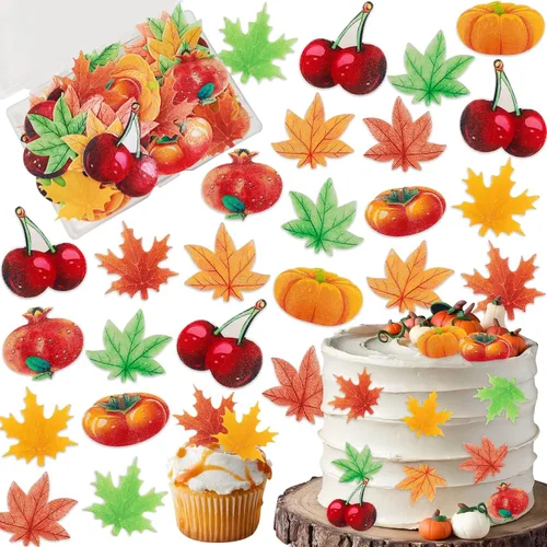 Vista 7 de Morofme 50 piezas comestibles de hojas de otoño para cupcakes, hojas de arce, decoración comestible de hojas doradas, papel de oblea, hojas