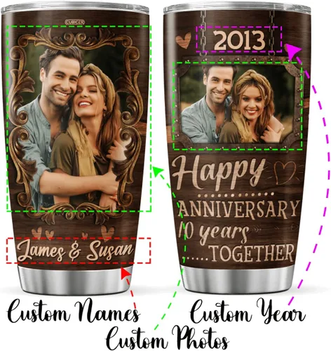 Vista 2 de CUBICER Vaso de café personalizado para aniversario de 10 años, estilo madera, regalo con foto con nombre personalizado para parejas, mujeres