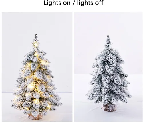 Vista 4 de Prelit - Mini árbol de Navidad artificial, árbol de Navidad de mesa flocado de 18 pulgadas con luces y base de madera, pino de Navidad