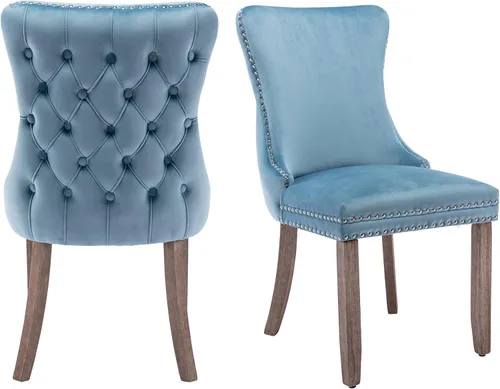 Vista 30 de mikibama Juego de 2 sillas de comedor tapizadas de terciopelo con respaldo de ala, sillas de comedor con patas de madera maciza con botón de cabeza