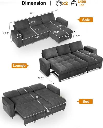 Vista 3 de Vipbear Sofá cama modular de 81 pulgadas con cama extraíble, sofá cama en forma de L, sofá extraíble con respaldo reclinable, diván de Gris oscuro