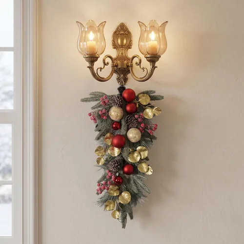 Vista 5 de Valery Madelyn Red Gold Christmas Teardrop Swag Decoration with Lights Rojo dorado