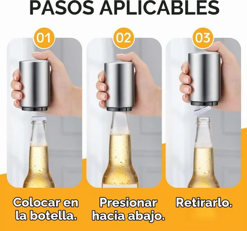 Vista 3 de Abrebotellas de cerveza de alta calidad (plateado), 1 pieza de acero inoxidable automático de empuje hacia abajo, sin daños, rápido de abrir 1