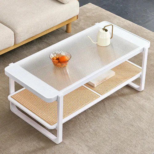 Vista 3 de Mesa de centro moderna minimalista blanca de doble capa de madera maciza. Mesa de cristal, mesa con borde de ratán de imitación. Mesa rectangular