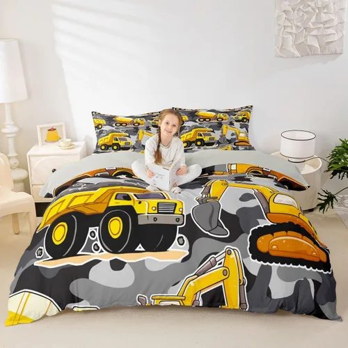 Vista 2 de Erosebridal Juego de ropa de cama de tractor de construcción para niños, niños, adolescentes, diseño de camiones y excavadoras, tamaño individual