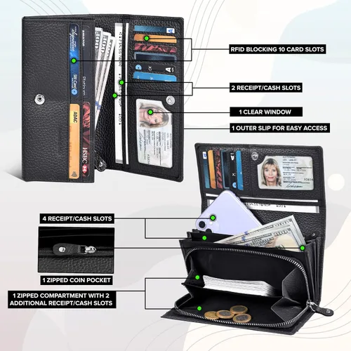 Vista 3 de Billeteras de cuero para mujer - Cartera con bloqueo RFID con 10 ranuras para tarjetas de crédito, Negro -, Nm 08