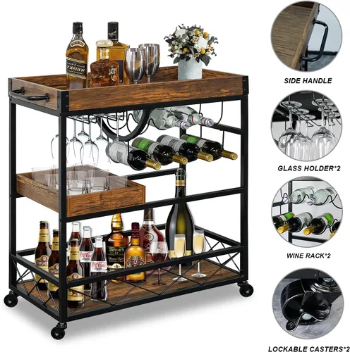Vista 5 de Carrito de bar para el hogar, carrito de servicio industrial de 3 neumáticos con ruedas bloqueables, carrito de bebidas alcohólicas con 2 bandejas