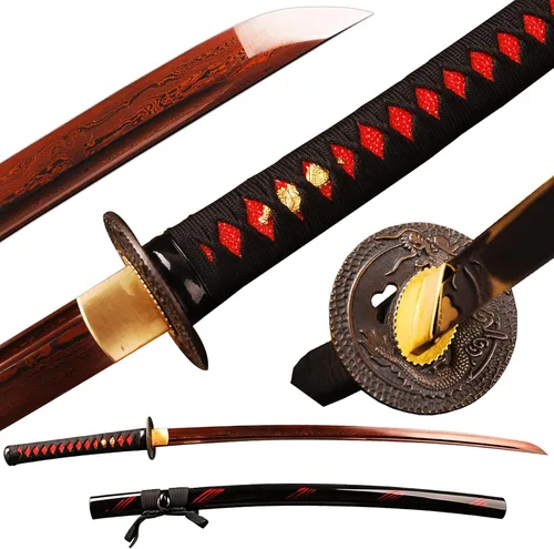 Vista 10 de Handmade Japanese Katana Damascus Folded Steel Sharp Blade Dragon Sword Espada de dragón de hoja azul y roja