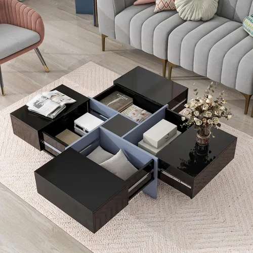 Vista 3 de Polibi Mesa de centro cuadrada con 4 compartimentos de almacenamiento ocultos, mesa de cóctel de diseño único con mesa deslizante extensible, mesa
