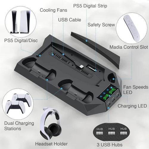 Vista 6 de PS5 PS5 Slim Stand and Cooling Station with Dual Controller Charging Station for PlayStation 5 Console, PS5 Accessories Incl. Controller Charger