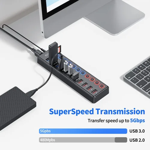 Vista 2 de Hub USB alimentado, concentrador USB 3.0 de 11 puertos JESWO (7 puertos de transferencia de datos + 4 puertos de carga inteligente)