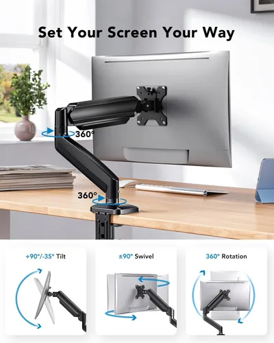 Vista 5 de HUANUO - Soporte de monitor individual, brazo de monitor ajustable para pantallas de 13–34 pulgadas hasta 22 libras, abrazadera en C y base de ojal