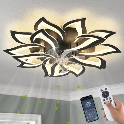 Vista 21 de Ventilador de techo de perfil bajo con control remoto y aplicación, motor silencioso y luz LED regulable, ventilador de techo de montaje empotrado