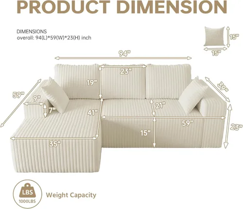 Vista 3 de 94" Cloud Sectional Couches for Living Room, Modular Sectional Sofa with Deep Seat,No Assembly Required with Throw Pillows,Flannel Fabric, for