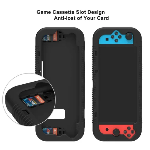 Vista 4 de Teyomi Protective Silicone Case for Nintendo Switch, Grip Cover with Tempered Glass Screen Protector, 2 Storage Slots for Game Cards