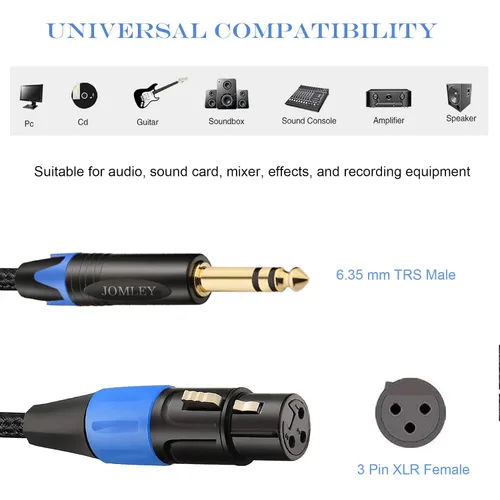 Vista 3 de Cable de micrófono equilibrado TRS hembra XLR a 1/4 de pulgada (0.250 in), trenzado de nailon de 3 pines XLR hembra a cuarto de pulgada TRS macho