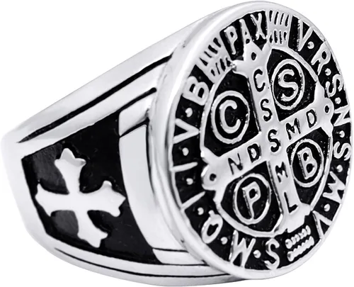 Vista 2 de enhong Anillo de exorcismo de San Benito para hombres de acero inoxidable católico de la cruz romana de la protección del demonio cazador