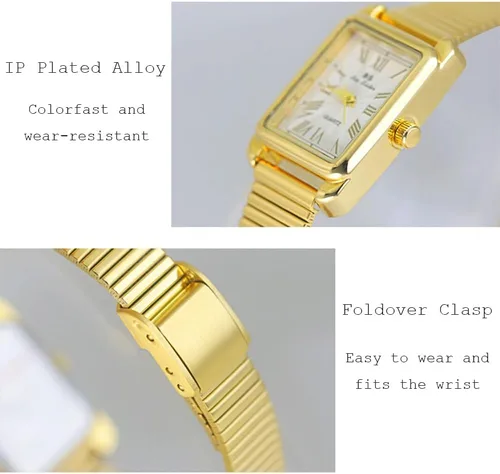 Vista 6 de CARLIEN Reloj de cuarzo para mujer, clásico, clásico, rectangular, impermeable, correa de acero inoxidable, pequeño, delicado, dorado, plateado