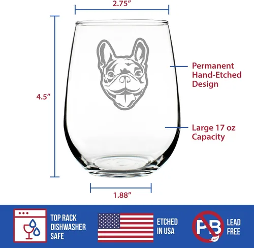Vista 5 de Happy Frenchie - Copa de vino sin tallo, bonitos regalos temáticos de bulldog francés o decoración de fiesta para mujeres y hombres, vasos grandes