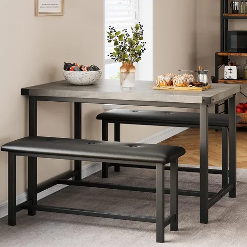 Vista 8 de IDEALHOUSE Juego de mesa de comedor de 3 piezas, mesa de cocina y bancos para 4, juego de mesa de comedor rectangular con 2 bancos tapizados, juego