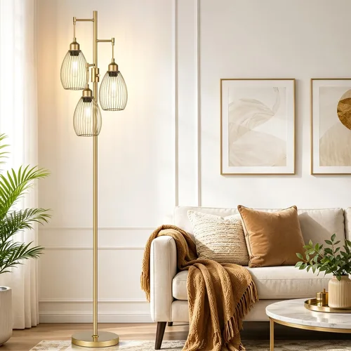 Vista 19 de Lámpara de pie regulable, 3 bombillas LED Edison de 800LM incluidas, lámpara de pie industrial de granja lámpara de árbol de pie con elegante jaula