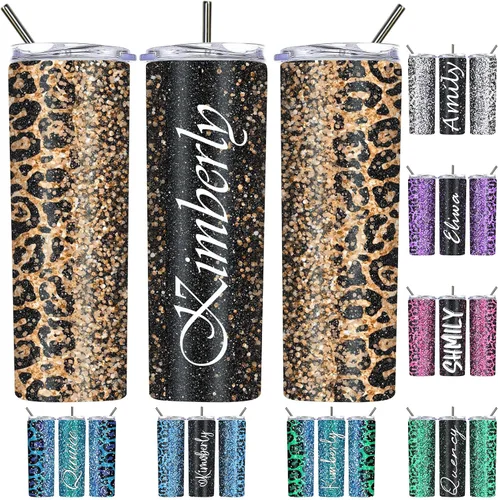 Vista 22 de Vasos personalizados con estampado de leopardo con tapas y pajitas, vasos delgados personalizados de 20 onzas con nombres para mujeres y hombres