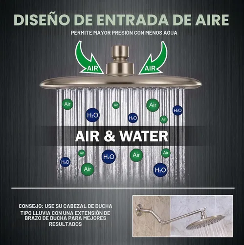Vista 2 de Cabezal de regadera tipo cascada de 9 pulgadas, caudal fuerte, mejor con brazo de extensión, 1.8 GPM - Níquel cepillado y certificado en California