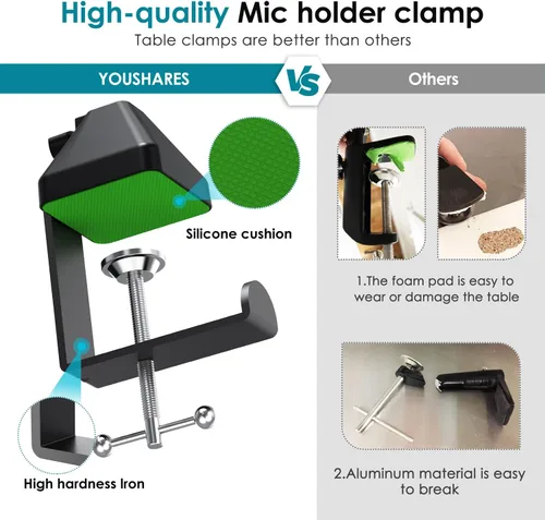 Vista 4 de YOUSHAERS - Abrazadera de montaje en mesa, soporte de metal resistente para soporte de brazo de micrófono y soporte de teléfono superior, se adapta