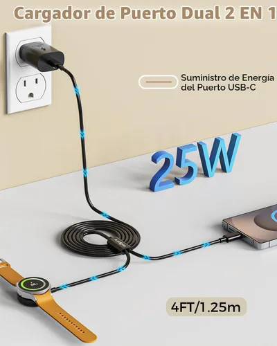 Vista 3 de 2 en 1 para Samsung Watch y cargador de teléfono y cargador rápido USB C de Negro