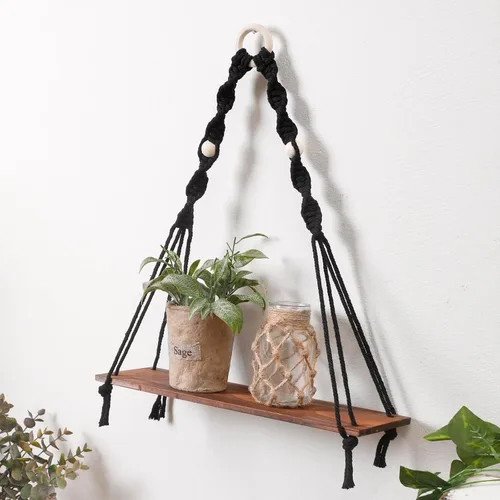Vista 8 de Artilady Estante colgante de pared de macramé con luz de hiedra artificial para almacenamiento Estantes de madera ajustables de 2 niveles