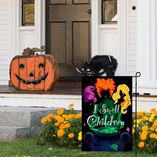 Vista 2 de Bandera de jardín de Halloween, bandera de jardín con texto en inglés "I Smell Children", bandera de bruja Hocus Pocus para exteriores, bandera
