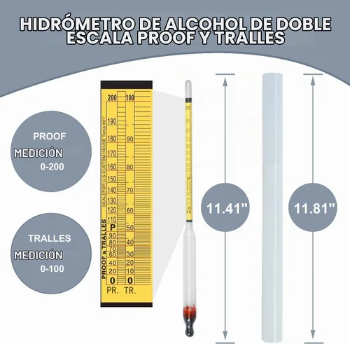 Vista 2 de Hidrómetro Medidor de Alcohol, Hidrómetro de Alcohol 0-200 Proof e Hidrómetro Tralle, Alcoholímetro para Licor/Moonshine/Medición de Destilados